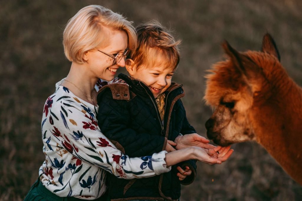 uśmiechnięta mama z dzieckiem karmią alpakę
